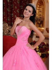 Rose Pink Ball Gown Strapless Floor-length Tulle Beading Quinceanera Dress