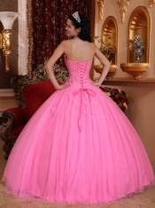 Rose Pink Ball Gown Strapless Floor-length Tulle Beading Quinceanera Dress