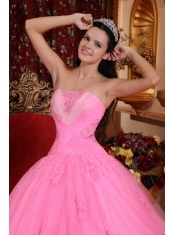 Rose Pink Ball Gown Strapless Floor-length Tulle Beading Quinceanera Dress