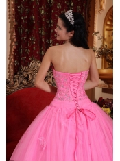 Rose Pink Ball Gown Strapless Floor-length Tulle Beading Quinceanera Dress