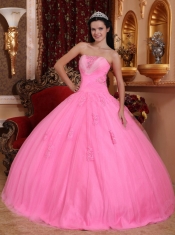 Rose Pink Ball Gown Strapless Floor-length Tulle Beading Quinceanera Dress