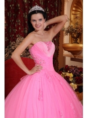 Rose Pink Ball Gown Strapless Floor-length Tulle Beading Quinceanera Dress