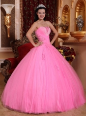 Rose Pink Ball Gown Strapless Floor-length Tulle Beading Quinceanera Dress