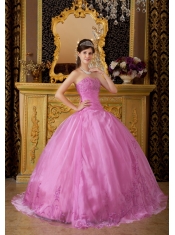 Rose Pink Ball Gown Sweetheart Floor-length Appliques Organza Quinceanera Dress