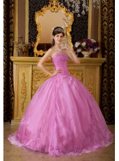 Rose Pink Ball Gown Sweetheart Floor-length Appliques Organza Quinceanera Dress