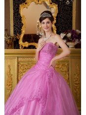 Rose Pink Ball Gown Sweetheart Floor-length Appliques Organza Quinceanera Dress