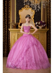 Rose Pink Ball Gown Sweetheart Floor-length Appliques Organza Quinceanera Dress