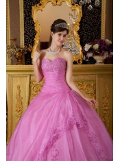 Rose Pink Ball Gown Sweetheart Floor-length Appliques Organza Quinceanera Dress