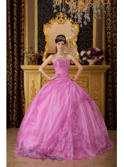 Rose Pink Ball Gown Sweetheart Floor-length Appliques Organza Quinceanera Dress