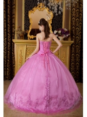 Rose Pink Ball Gown Sweetheart Floor-length Appliques Organza Quinceanera Dress