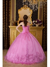 Rose Pink Ball Gown Sweetheart Floor-length Appliques Organza Quinceanera Dress