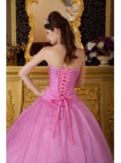 Rose Pink Ball Gown Sweetheart Floor-length Appliques Organza Quinceanera Dress