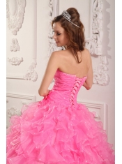 Rose Pink Ball Gown Sweetheart Floor-length Organza Beading Quinceanera Dress