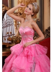 Rose Pink Ball Gown Sweetheart Floor-length Organza Beading Quinceanera Dress