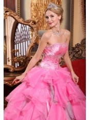 Rose Pink Ball Gown Sweetheart Floor-length Organza Beading Quinceanera Dress