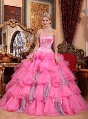 Rose Pink Ball Gown Sweetheart Floor-length Organza Beading Quinceanera Dress