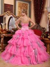 Rose Pink Ball Gown Sweetheart Floor-length Organza Beading Quinceanera Dress