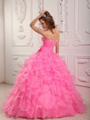 Rose Pink Ball Gown Sweetheart Floor-length Organza Beading Quinceanera Dress