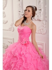 Rose Pink Ball Gown Sweetheart Floor-length Organza Beading Quinceanera Dress