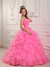 Rose Pink Ball Gown Sweetheart Floor-length Organza Beading Quinceanera Dress