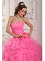 Rose Pink Ball Gown Sweetheart Floor-length Organza Beading Quinceanera Dress