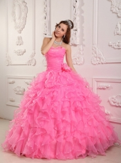 Rose Pink Ball Gown Sweetheart Floor-length Organza Beading Quinceanera Dress