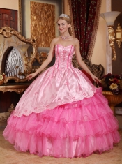 Rose Pink Ball Gown Sweetheart Floor-length Taffeta and Oragnza Embroidery Quinceanera Dress