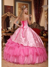 Rose Pink Ball Gown Sweetheart Floor-length Taffeta and Oragnza Embroidery Quinceanera Dress