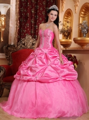 Rose Pink Ball Gown Sweetheart Floor-length Taffeta Beading Quinceanera Dress