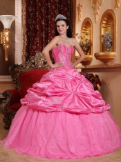 Rose Pink Ball Gown Sweetheart Floor-length Taffeta Beading Quinceanera Dress