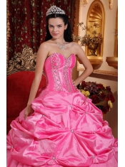 Rose Pink Ball Gown Sweetheart Floor-length Taffeta Beading Quinceanera Dress