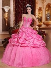 Rose Pink Ball Gown Sweetheart Floor-length Taffeta Beading Quinceanera Dress