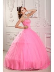 Rose Pink  Ball Gown Sweetheart Floor-length Tulle Appliques Quinceanera Dress