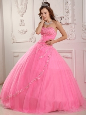 Rose Pink  Ball Gown Sweetheart Floor-length Tulle Appliques Quinceanera Dress