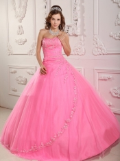 Rose Pink Ball Gown Sweetheart Floor-length Tulle Appliques Quinceanera Dress