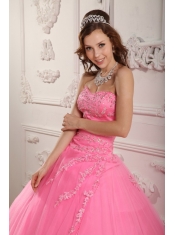 Rose Pink  Ball Gown Sweetheart Floor-length Tulle Appliques Quinceanera Dress