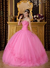 Rose Pink Ball Gown Sweetheart Floor-length Tulle Appliques Quinceanera Dress
