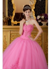 Rose Pink Ball Gown Sweetheart Floor-length Tulle Appliques Quinceanera Dress