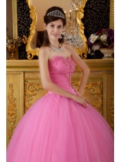 Rose Pink Ball Gown Sweetheart Floor-length Tulle Appliques Quinceanera Dress