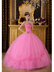 Rose Pink Ball Gown Sweetheart Floor-length Tulle Appliques Quinceanera Dress