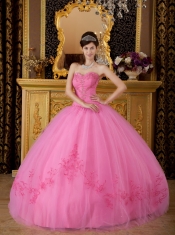 Rose Pink Ball Gown Sweetheart Floor-length Tulle Appliques Quinceanera Dress