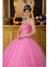 Rose Pink Ball Gown Sweetheart Floor-length Tulle Appliques Quinceanera Dress