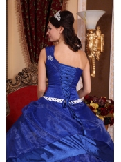 Blue Ball Gown One Shoulder Floor-length Organza Beading Quinceanera Dress