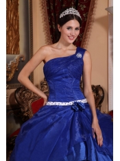 Blue Ball Gown One Shoulder Floor-length Organza Beading Quinceanera Dress