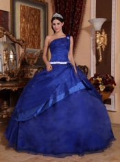 Blue Ball Gown One Shoulder Floor-length Organza Beading Quinceanera Dress