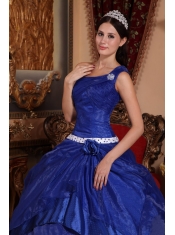 Blue Ball Gown One Shoulder Floor-length Organza Beading Quinceanera Dress