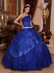 Blue Ball Gown One Shoulder Floor-length Organza Beading Quinceanera Dress