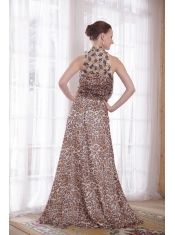 Sexy Empire High-neck Brush Train Leopard Beading Prom Dress
