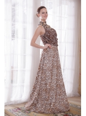 Sexy Empire High-neck Brush Train Leopard Beading Prom Dress