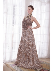 Sexy Empire High-neck Brush Train Leopard Beading Prom Dress